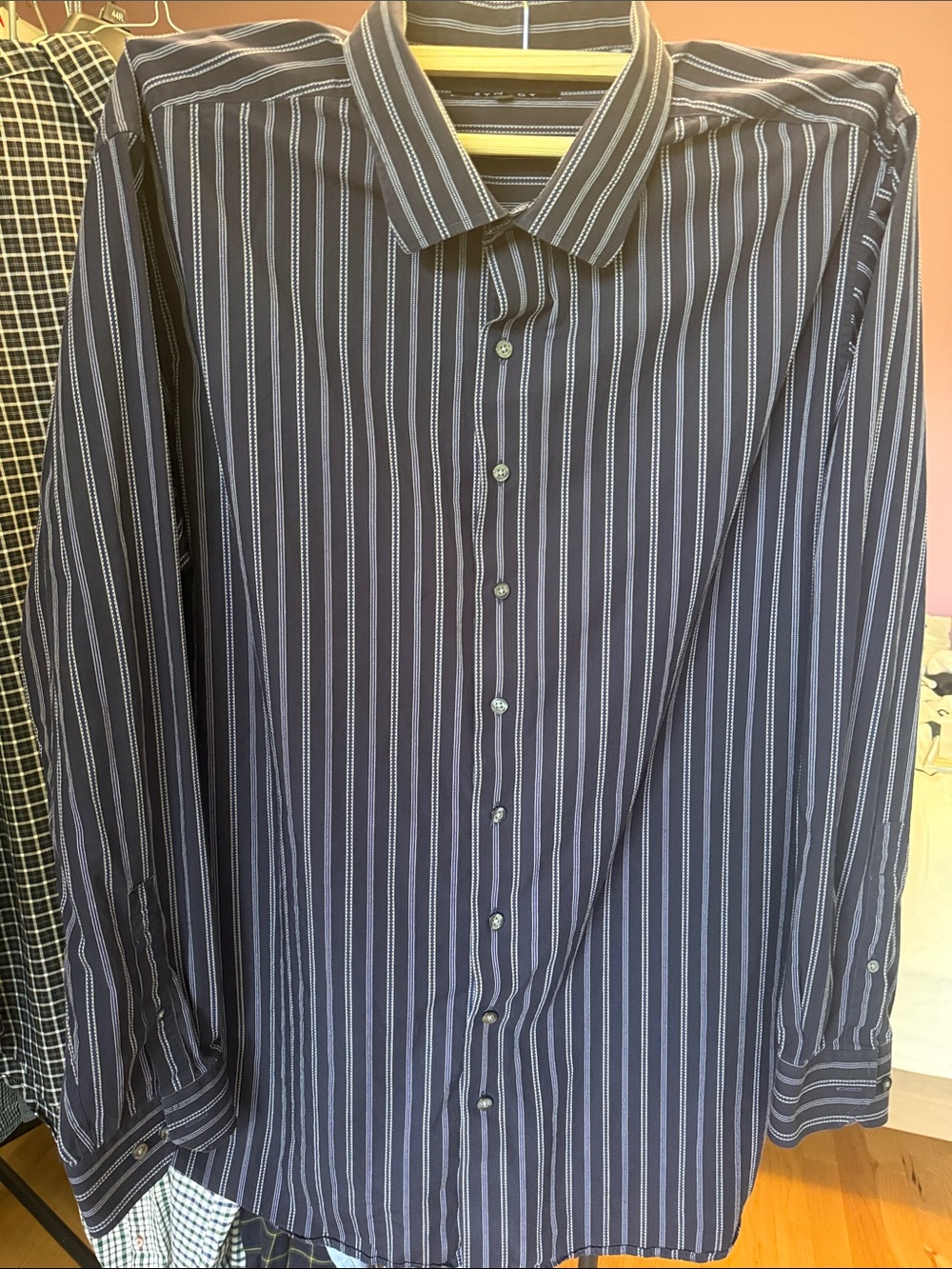 Men's Navy Vertical Stripe Long-Sleeve Dress Shirt